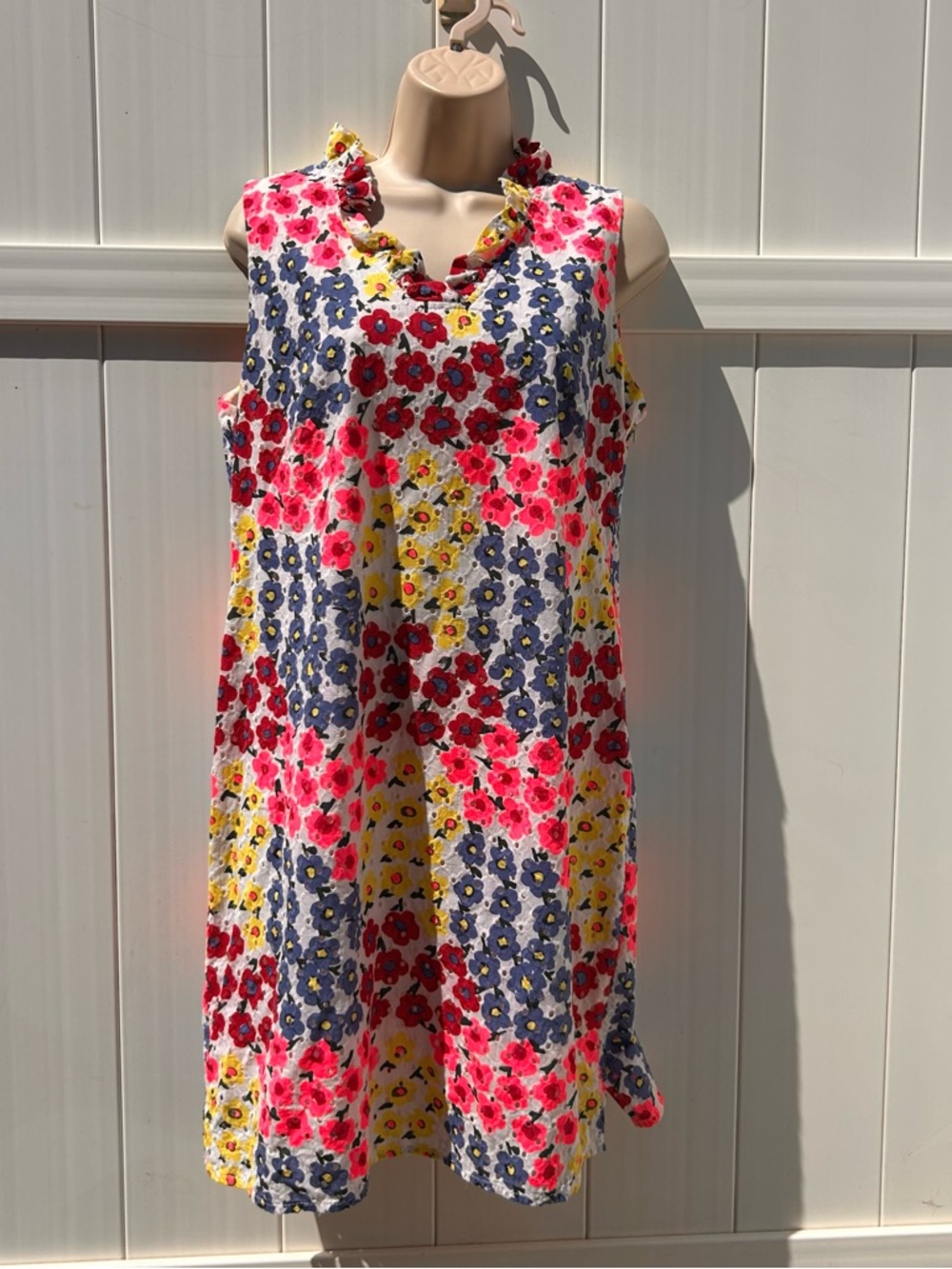 Talbots Sleeveless Neon Floral Eyelet Overlay Ruffle-Neck Dress | Size 12 Petite